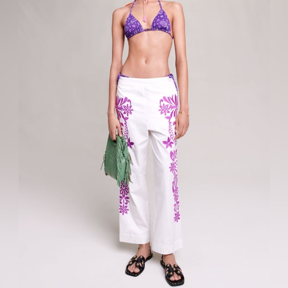 NWOT Maje White & Purple Embroidered Wide Leg Elastic-Waist Summer Beach Pants